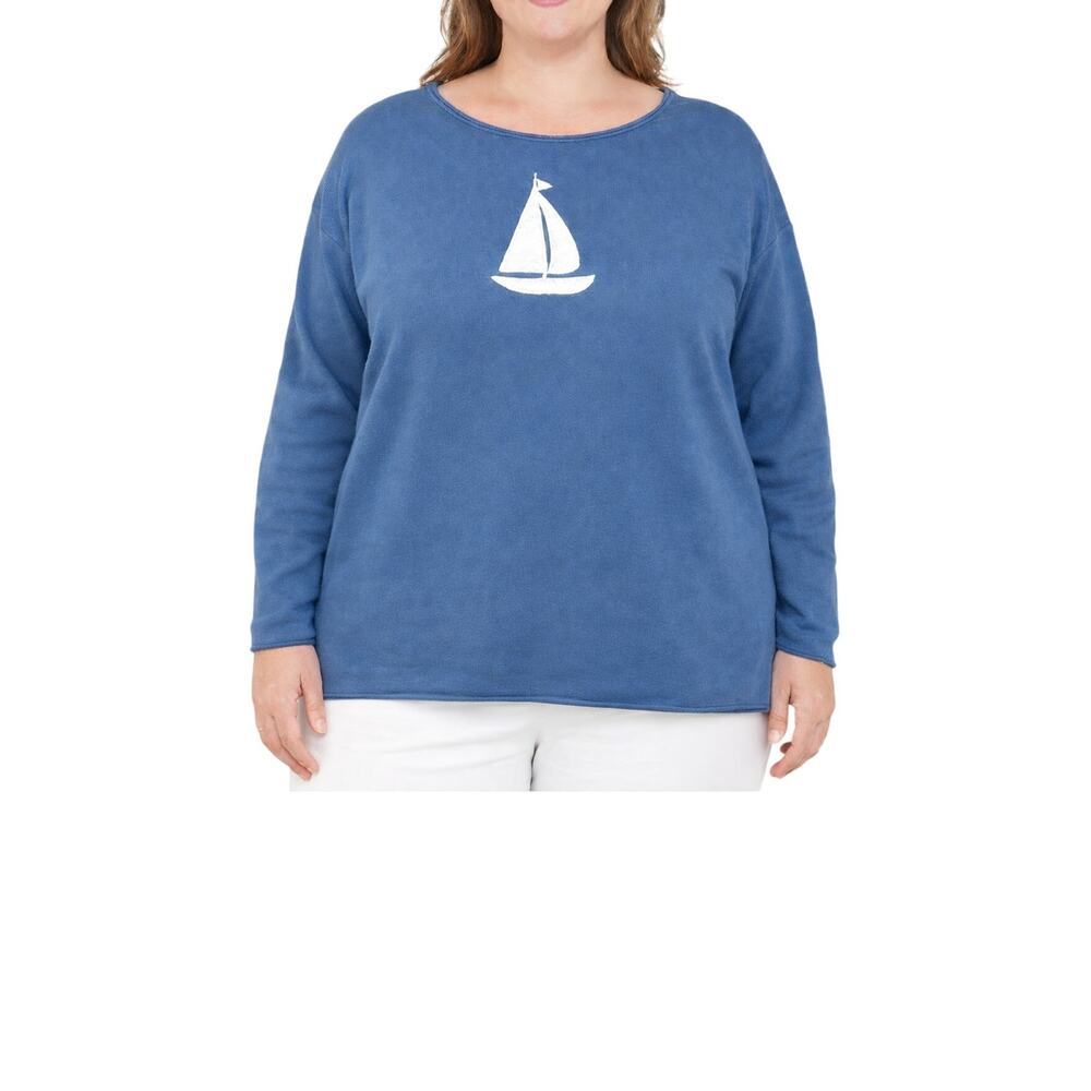 Kim Gravel Sweater Womens Plus Size 1X Blue Relaxed Tunic Sailboat Cozy Summer